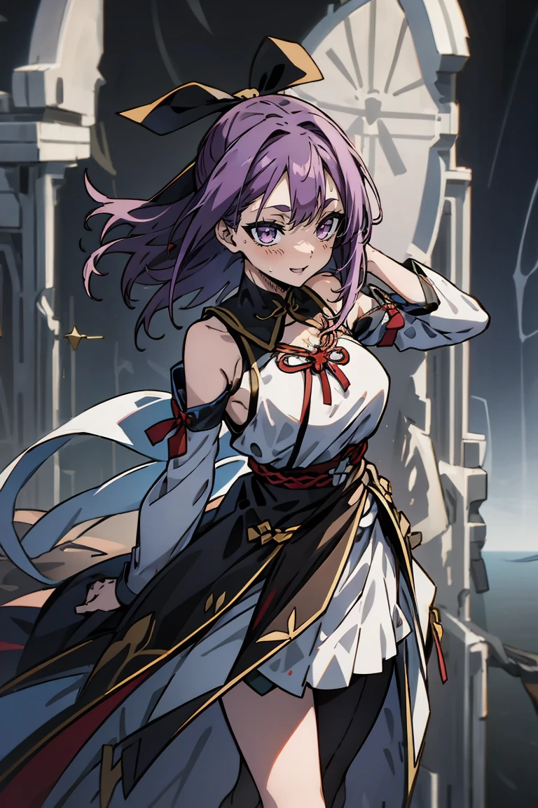 (masterpiece:1.2), (high quality:1.2), reo mikage, blue lock, girls with((1girl, solo, purple hair, (medium hair, right swept bangsone side up, hair ribbon, hair bow:1.55), bare shoulder, blush, breasts, choker, cleavage, cowboy shot, collar, collarbone, rosary, rosary choker, cross, white clothes, blouse, sleeveless, neck ribbon, big ribbon, cheongsam, cinderella dress, long dress, frill pannier, leggings, boots, sandals, bare legs, standing)), background with((continent, earth, horizon:2.0))