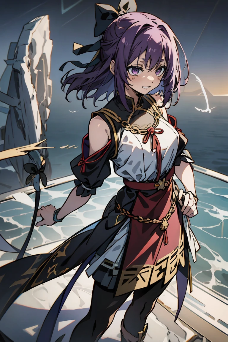 (masterpiece:1.2), (high quality:1.2), reo mikage, blue lock, girls with((1girl, solo, purple hair, (medium hair, right swept bangsone side up, hair ribbon, hair bow:1.55), bare shoulder, blush, breasts, choker, cleavage, cowboy shot, collar, collarbone, rosary, rosary choker, cross, white clothes, blouse, sleeveless, neck ribbon, big ribbon, cheongsam, cinderella dress, long dress, frill pannier, leggings, boots, sandals, bare legs, standing)), background with((continent, earth, horizon:2.0))