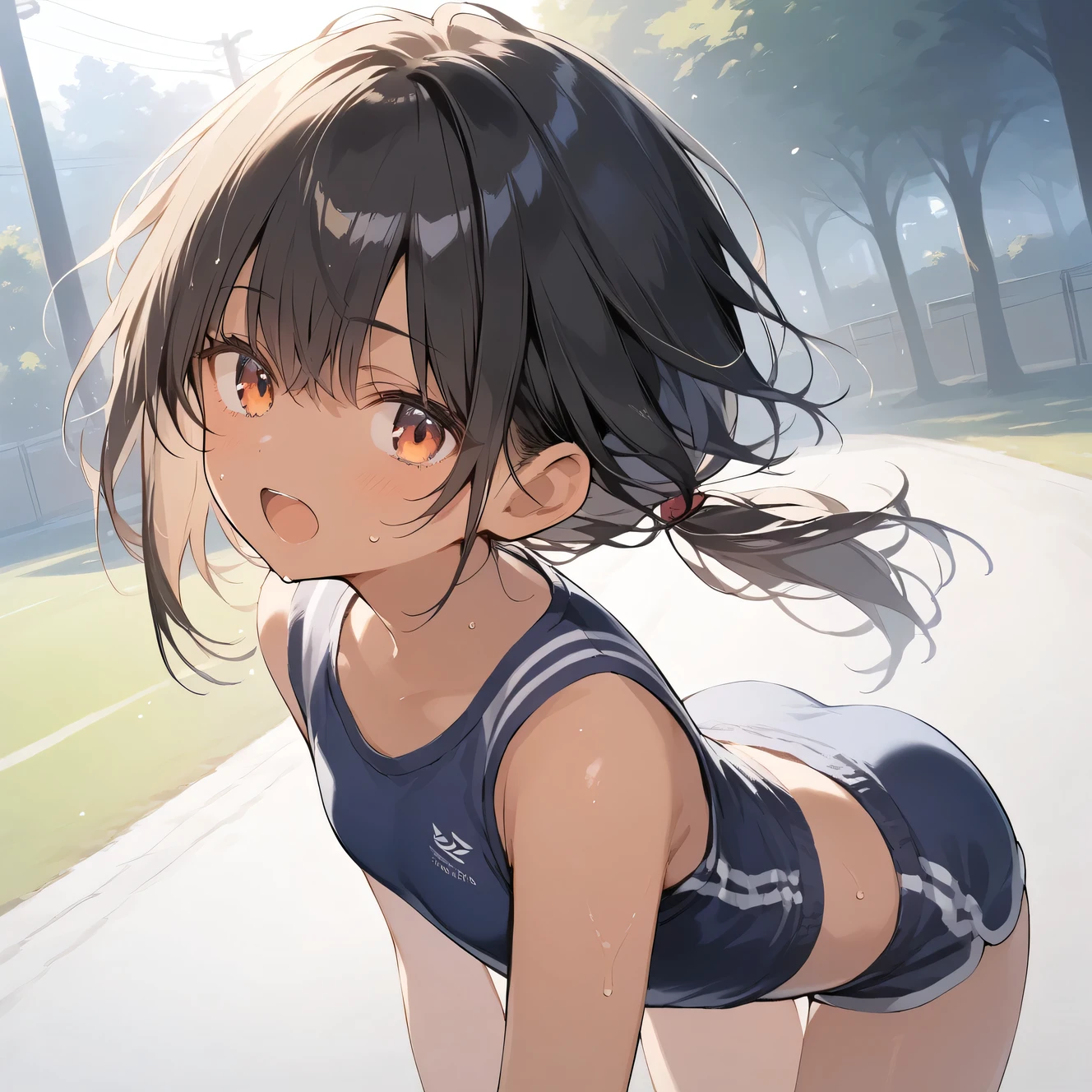 score_9, score_8_up, score_7_up, source_anime, best quality, masterpiece, official art, absurdres, highres, ultra-detailed,waifu2x,Collection: Slice of Life,break,1girl, tomboy, dark-skinned female, short hair, low ponytail, flat chest, beautiful detailed eyes, gym uniform, gym shorts, sweat, open mouth, (yawn:0.3), sleepily, outdoors, park, wind,break,(clear line illustration:1.2), super detailed skin,very high resolution, very aesthetic, Best sexual lighting powered by famous artist, 8k,cute picture,beauty illustration,photoshop_(medium),,(Detailed Lighting),best anime 8k konachan wallpaper, pixiv contest winner, 