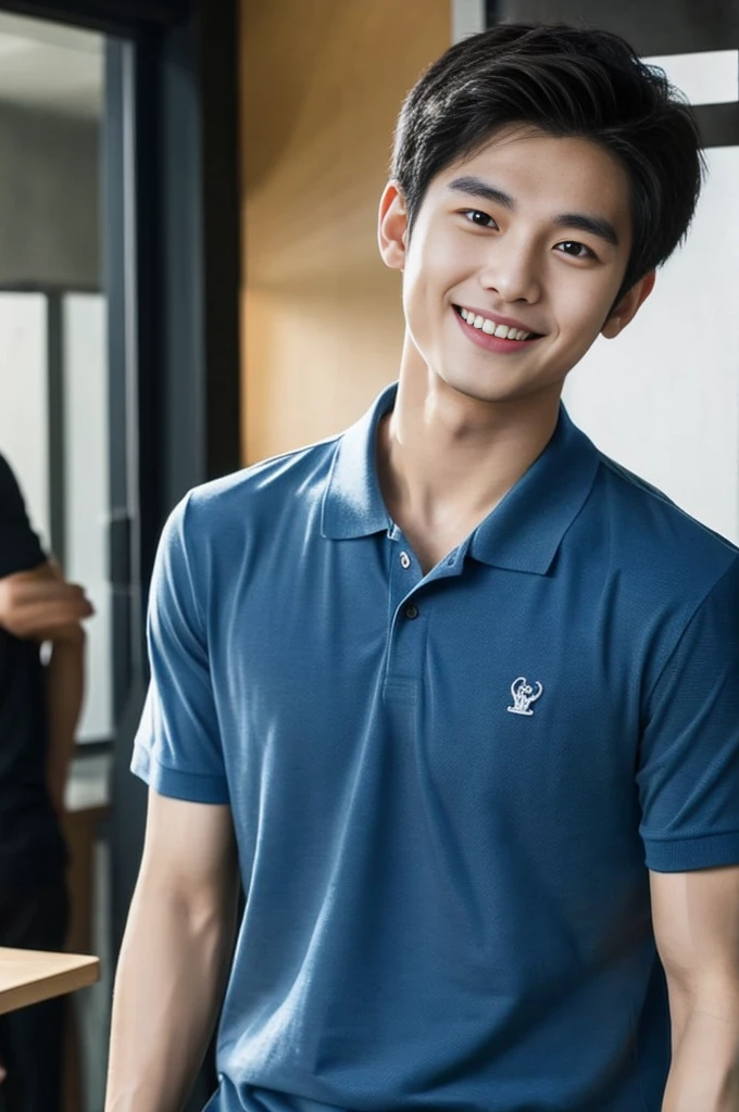 Korean man, Inspiration from Peng Yuyan, 23 years old, Korean muscular man ，The computer room is in the back, tight polo shirts., open mouth smile