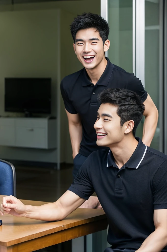 Korean man, Inspiration from Peng Yuyan, 23 years old, Korean muscular man ,The computer room is in the back, tight polo shirts., open mouth smile