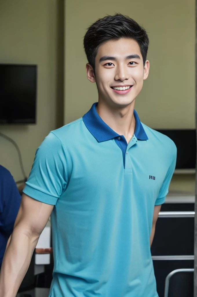 Korean man, Inspiration from Peng Yuyan, 23 years old, Korean muscular man ,The computer room is in the back, tight polo shirts., open mouth smile