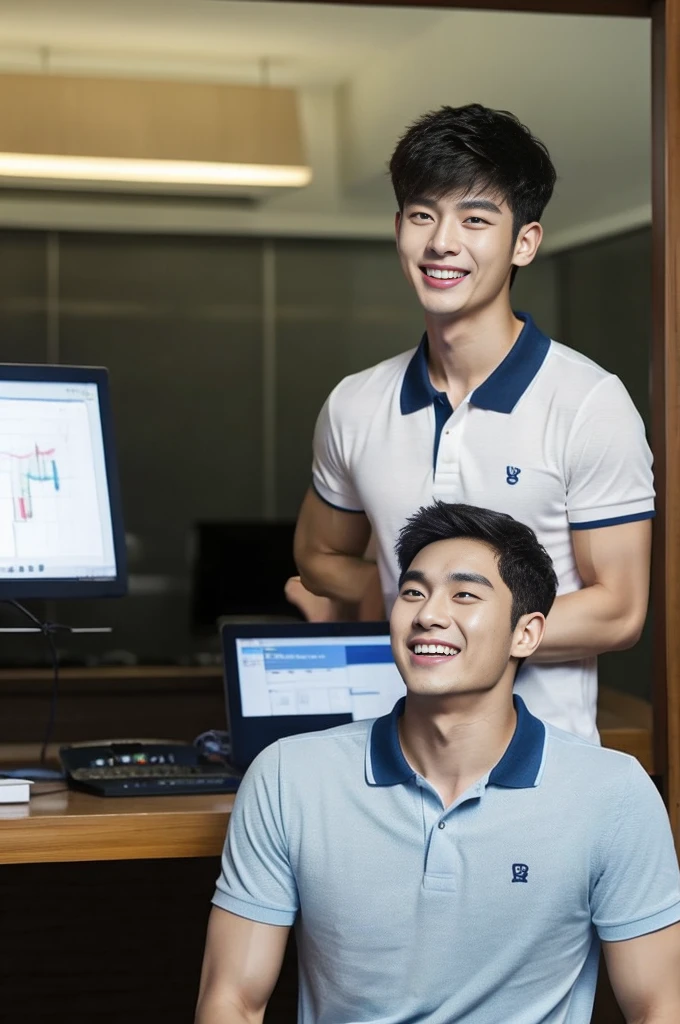 Korean man, Inspiration from Peng Yuyan, 23 years old, Korean muscular man ，The computer room is in the back, tight polo shirts., open mouth smile