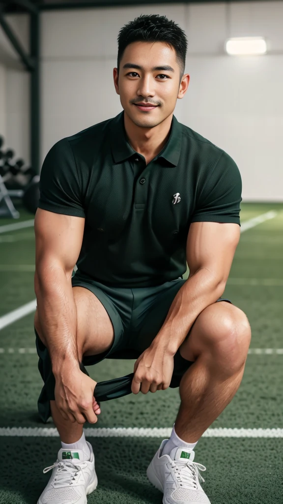 Masterpiece, best quality, high resolution, realistic, handsome, Take beautiful photos, A photo of a 35-year-old Gym Association member sitting on the floor. (The man has a thin mustache.) ,Full body, Portrait, standing on the football field, make military media, weight, Amazing , Buzzcut short hair,stubble head , (Hyper Muscle),looking at the audience, Flirt with the camera, charming, (Tight dark green polo shirt Cargo pants ),(GS-Male:1), 8k,Bokeh,Portrait,look at the viewer, smile 