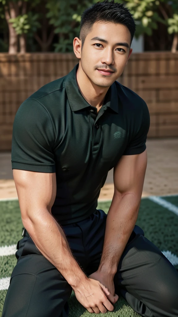 Masterpiece, best quality, high resolution, realistic, handsome, Take beautiful photos, A photo of a 35-year-old Gym Association member sitting on the floor. (The man has a thin mustache.) ,Full body, Portrait, standing on the football field, make military media, weight, Amazing , Buzzcut short hair,stubble head , (Hyper Muscle),looking at the audience, Flirt with the camera, charming, (Tight dark green polo shirt Cargo pants ),(GS-Male:1), 8k,Bokeh,Portrait,look at the viewer, smile