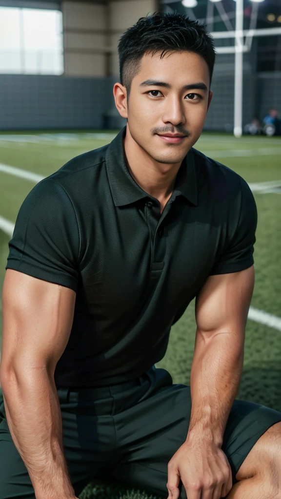 Masterpiece, best quality, high resolution, realistic, handsome, Take beautiful photos, A photo of a 35-year-old Gym Association member sitting on the floor. (The man has a thin mustache.) ,Full body, Portrait, standing on the football field, make military media, weight, Amazing , Buzzcut short hair,stubble head , (Hyper Muscle),looking at the audience, Flirt with the camera, charming, (Tight white polo shirt Cargo pants ),(GS-Male:1), 8k,Bokeh,Portrait,look at the viewer, smile 