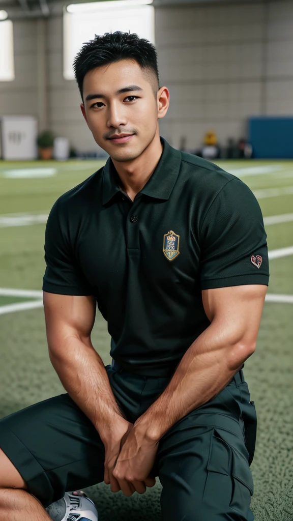 Masterpiece, best quality, high resolution, realistic, handsome, Take beautiful photos, A photo of a 35-year-old Gym Association member sitting on the floor. (The man has a thin mustache.) ,Full body, Portrait, standing on the football field, make military media, weight, Amazing , Buzzcut short hair,stubble head , (Hyper Muscle),looking at the audience, Flirt with the camera, charming, (Tight dark green polo shirt Cargo pants ),(GS-Male:1), 8k,Bokeh,Portrait,look at the viewer, smile 