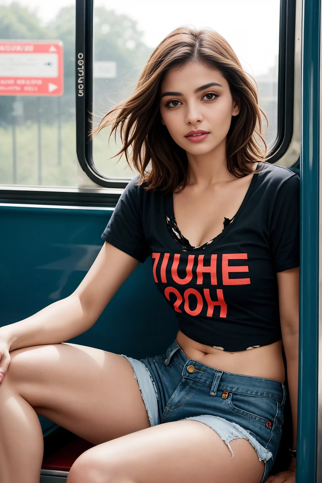 masterpiece, high-detail, beautiful 40-year-old Pakistani woman (Chloe Grace Moretz:Milla Jovovich:0.5), kohl, red blush, short-hair, black-brown hair, medium breasts, white short sleeve T-shirt (torn), Denim shorts, unbuttoned shorts, midriff, Sitting on a long seat by the window of a train, bright sunshine, (UHD, 8K wallpaper, High resolution), Cinematic lighting, physically-based rendering, award-winning, extremely detailed skin, extra detailed face, high detail eyes, Carl Zeiss 85 mm F/1.4, by Ellen von Unwerth, cleavage.