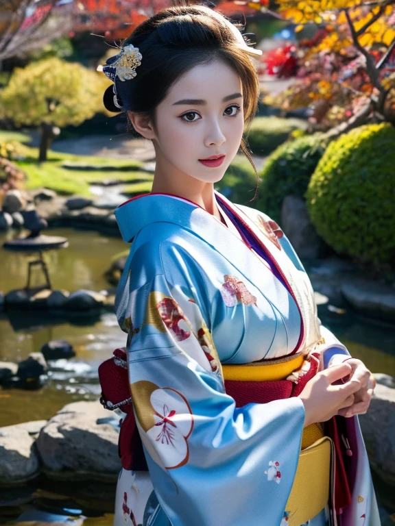 (Highest quality、 8k 、masterpiece、High resolution)、 Japanese painting、Vibrant colors、A woman wearing a kimono、Ample breasts、(Highly detailed face and eyes,Beautiful Face,Beautiful Eyes,Beautiful nose,Pretty lips)、Dynamic painting technique、Japanese garden、Autumn scenery、autumn leaves、Night Sky、moonlight、Detailed Description、