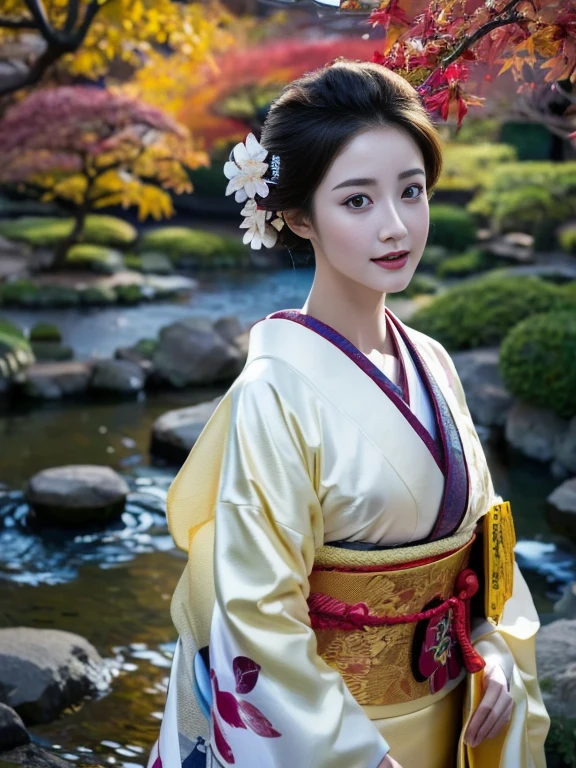 (Highest quality、 8k 、masterpiece、High resolution)、 Japanese painting、Vibrant colors、A woman wearing a kimono、Ample breasts、(Highly detailed face and eyes,Beautiful Face,Beautiful Eyes,Beautiful nose,Pretty lips)、Dynamic painting technique、Japanese garden、Autumn scenery、autumn leaves、Night Sky、moonlight、Detailed Description、