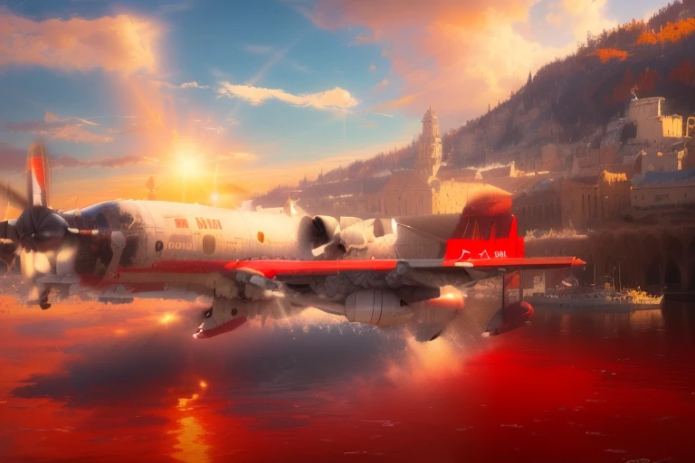 A picture of a red airplane flying over the water, 2 0 2 1 Award-winning works, 2021 Award-Winning Works, Masterpiece of Art, Contest-winning masterpiece, By Eugenius Zak, 2 0 2 0 Award Winners, Inspired by Mark Zug, glorious sunlight, greg rutkowski painting, Joe Soren, Nancy Carline