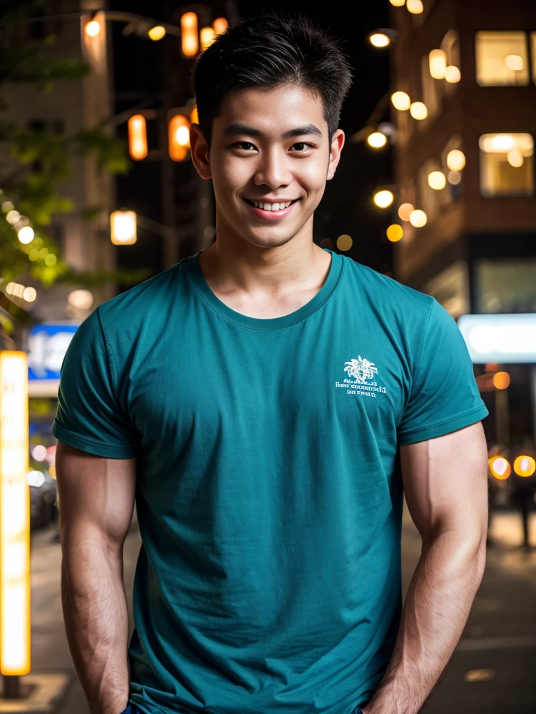 (best quality, 4K, 8K, high resolution, Masterpiece: 1.2), Special details, (realistically, As realistic as a photo, photo realistic: 1.37), Edge lighting, Extra detailed coloring, sharp focus, Physical rendering ,Extremely detailed description,professional,light color,Bokeh,Portrait,look at the viewer,
Young Asian man, 20 years old ,(Wear a dark blue t-shirt.), smile
