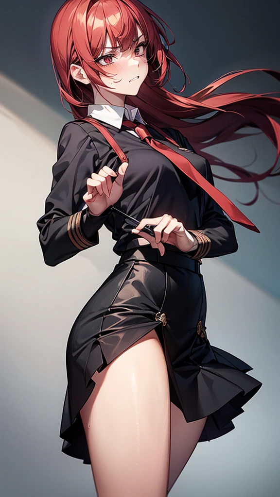 {{masterpiece}}, {{{Highest quality}}},{{Very detailed}}, {{figure}},{{tall}},{{Adult female}},,{{Fighting stance}},{from side},{{Long sleeve mini skirt uniform}},{}},}}{}},{fighting stance}},{},{}, ,{{}},{{Eyelet foot}},,{{blushing with anger}},{{}},,{{}},{{}},,Slender body}}{{Avoidance}}{{Female police officer}},,,,suspenders ,Long sleeve mini skirt uniform, White High Socks,Black fingerless gloves, Long Red Hair, Red tie,Straight hair ,Blunt bangs,Thigh holster,.amountn loafer,,blush,Wrinkles ,amount,Grit your teeth,suffering,v-shaped eyebrows.,Sweat dripping,Medium chest ,get annoyed,,Slums,,Twisting,