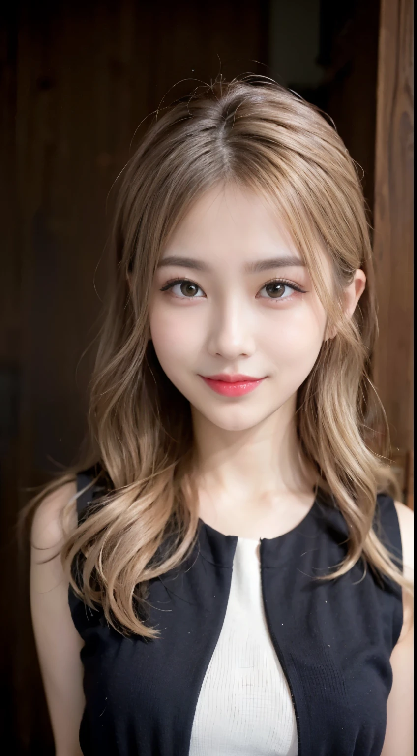 blush a little and smile, (Top quality masterpiece:1.2) Delicate illustrations, Very detailed, /Beautiful Japanese Women、1 person,Very cute and slim、Great style 、((8K images、super high quality))、Very delicate face, Skin and Hair、beautifule forehead、Red lipstick、(((((Mid-length hair、Blonde、lure))))),Very cute Japanese cut face、Eyes and nose are clearly visible、Kind eyes,((((Sleeveless fashion))))