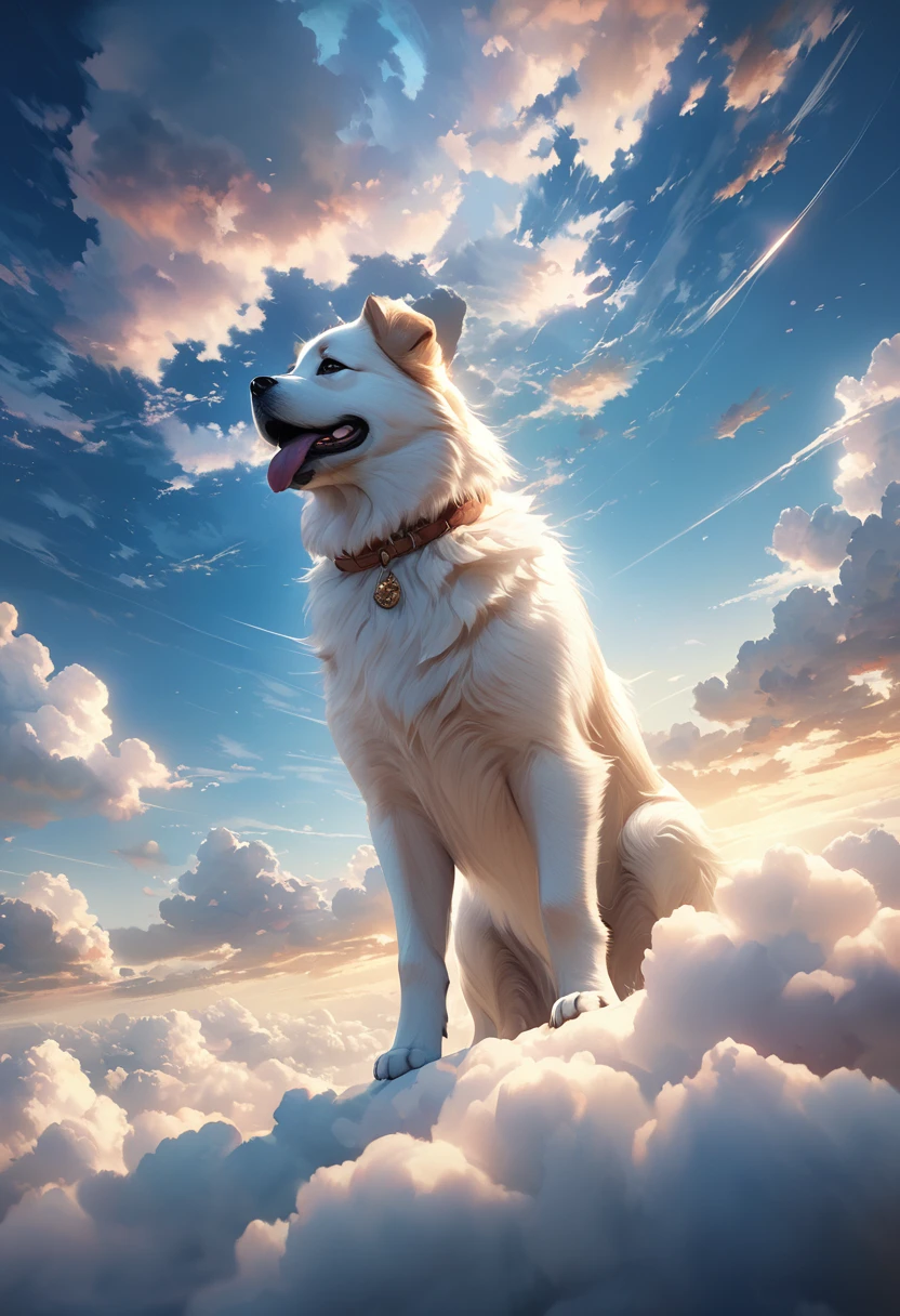 (Beautiful detailed sky with clouds:1.5)、Dog floating in the sky:1.4、(詳細でRealな空:1.4)、Fluffy Clouds、Serene atmosphere、Peaceful setting、(Highest quality、8k、High resolution、masterpiece:1.2)、Super detailed、(Real、Photorealistic、Photorealistic:1.37)、landscape、Bright colors、Dramatic lighting、Cinematic composition、Ethereal、Whimsical、dream-like
