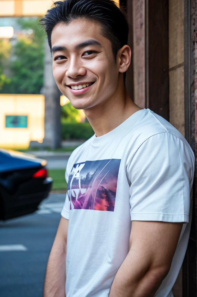 (best quality, 4K, 8k, high resolution, Masterpiece: 1.2), Special details, (realistically, As realistic as a photo, photo realistic: 1.37), Edge lighting, Extra detailed coloring, sharp focus, Physical rendering ,Extremely detailed description,professional,light color,Bokeh,Portrait,look at the viewer,
Young Asian man, 20 years old ,(Wear a T-shirt), smile