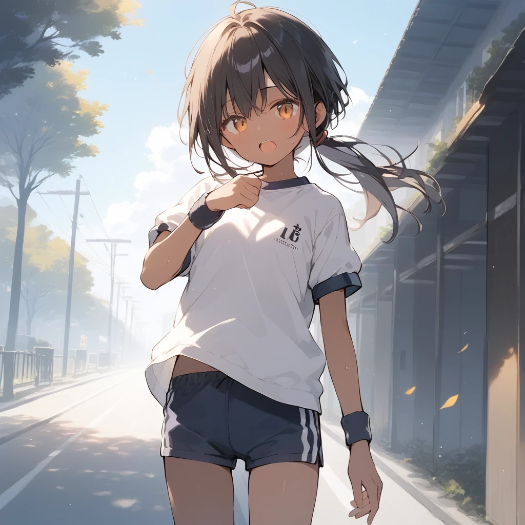 score_9, score_8_up, score_7_up, source_anime, best quality, masterpiece, official art, absurdres, highres, ultra-detailed,waifu2x,Collection: Slice of Life,break,1girl, tomboy, dark-skinned female, short hair, low ponytail, flat chest, beautiful detailed eyes, gym uniform, gym shorts, sweat, open mouth, (yawn:0.3), sleepily, outdoors, park, wind,break,(clear line illustration:1.2), super detailed skin,very high resolution, very aesthetic, Best sexual lighting powered by famous artist, 8k,cute picture,beauty illustration,photoshop_(medium),,(Detailed Lighting),best anime 8k konachan wallpaper, pixiv contest winner,