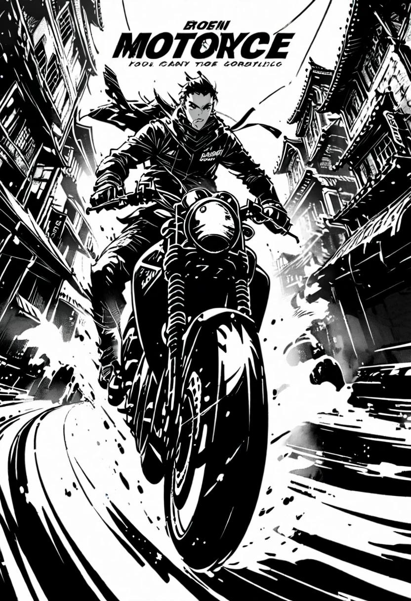 motorcycle, text, riding, 1 boy, architecture