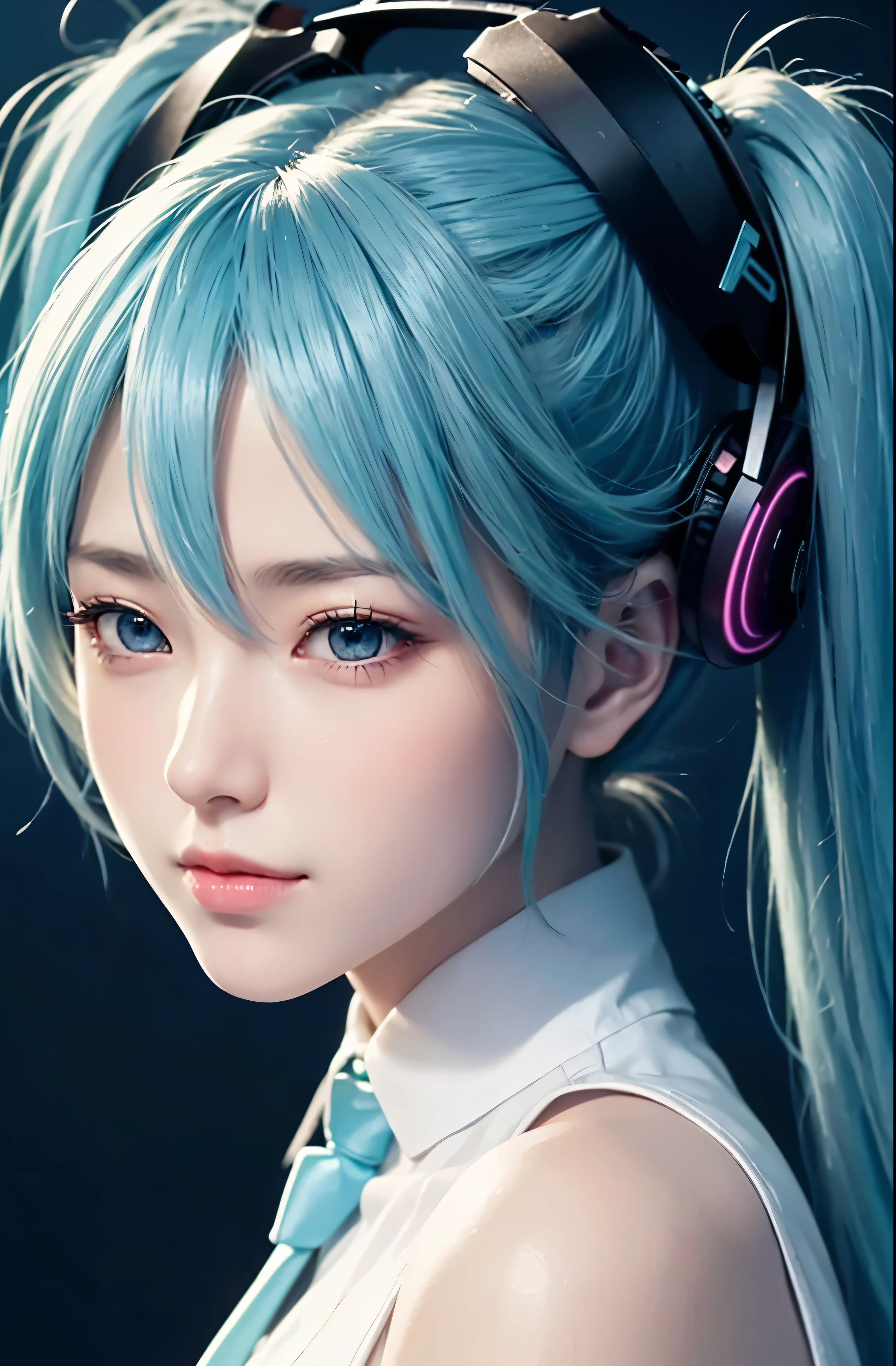 hatsune miku, Ultra-realistic, High resolution, Very detailed, masterpiece, Highest quality, blush, One girl, rhythm, Floating notes, musical instrument, sing, microphone, Blue tie, Facing the audience, Focus on your audience