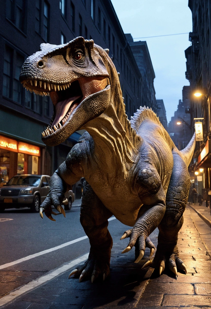 Dinosaurs wear lobouse，nigth，on the street，run down the street，