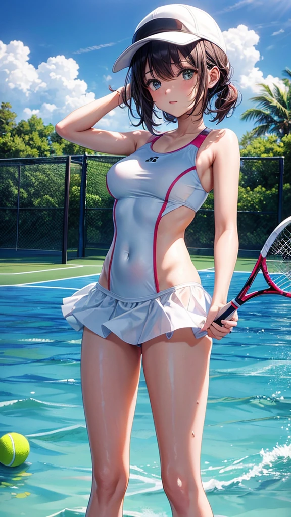 a girl in a swimsuit plays tennis on the water