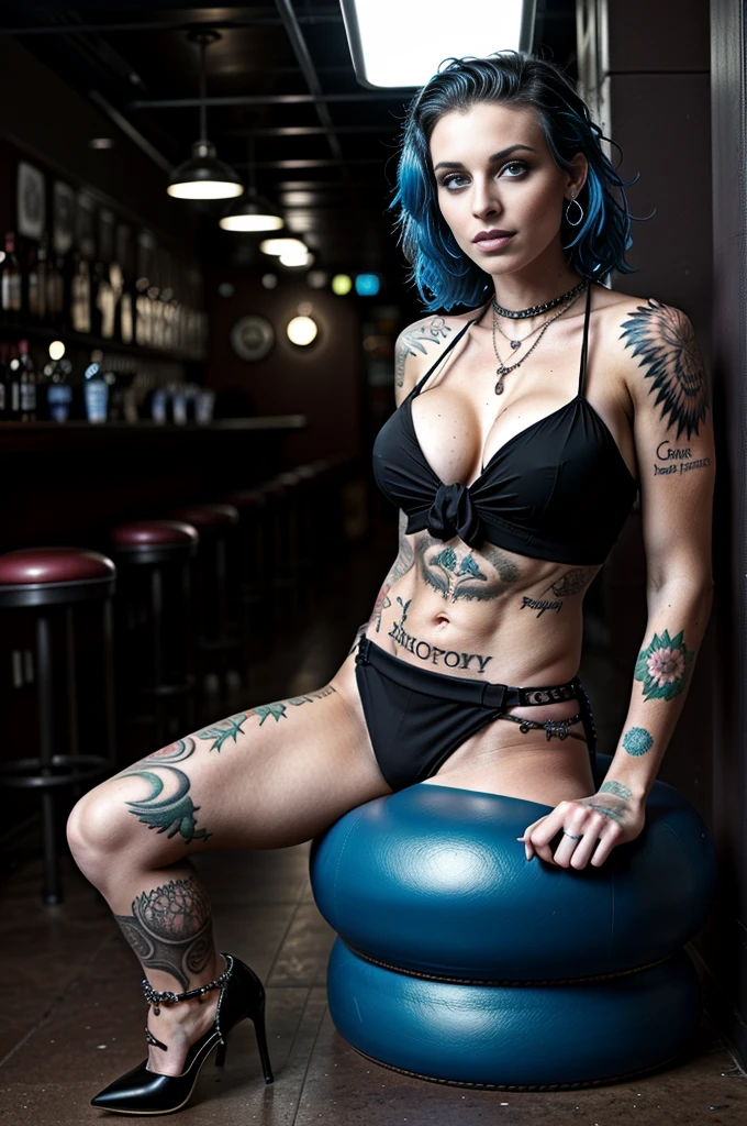 (sophisticated punk:1.4),(beautiful caucasian escort girl:1.3), (striking blue eyes), striking a glamorous pose, bodybuilder abs, spread legs, (high heels), (curled-up position), seated legs-up position , (dive bar in africa), dark, (((tattoos))), (skinny:1.), (small:1.), pendant, bracelet, waist chain, (big tits:1.4),(huge boobs:1.4)