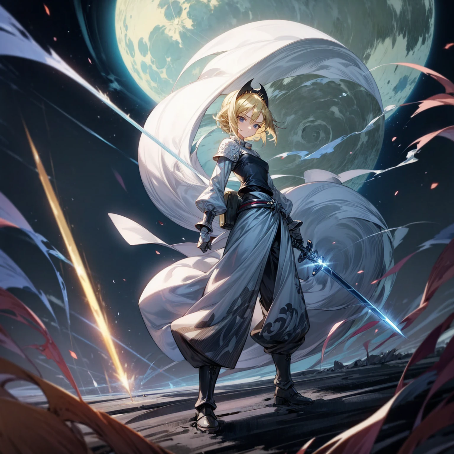 1girl, Full body version, 1character, black eyes, long Frizzy haircut, blonde colour hair, soldier knight clothing, long pants, headband, armors, boots, Grassroots, full background in field, motion blur, lighting, (one piece art), standing poses, sword in hand, lighting effect on sword, lighting blue on sword, fire effect, plasma effect, smoke effect moon, Moonlight, high angle view