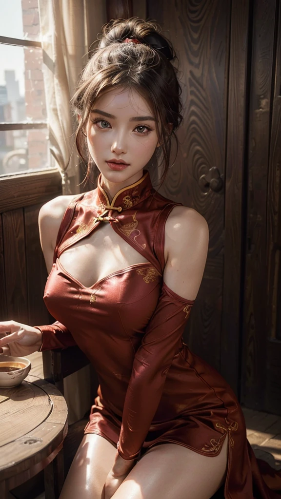 (Photorealistic,ultra detailed), ((attractive woman), 29years old), (sit on a table, lying, one knee up),(detailed, singular beauty face:1.2, cool beauty face, detailed face ),(detailed eyes, detailed perfect body,(chignon, dark mocha latte), (looking at viewer), feminine curves, (((Chinese-dress)), (vivid red color),(vivid red fabrics)),(detailed, facial expression, happy), (emotive expressions), (detailed, apply make up), (best quality:1.5, 4k,8k,high-res, masterpiece:1.2),ultra-detailed,(realistic, photorealistic,photo-realistic:1.4),HDR,UHD,studio lighting,physically-based rendering, extreme detail description, professional,vivid colors, portraits,colorful lighting