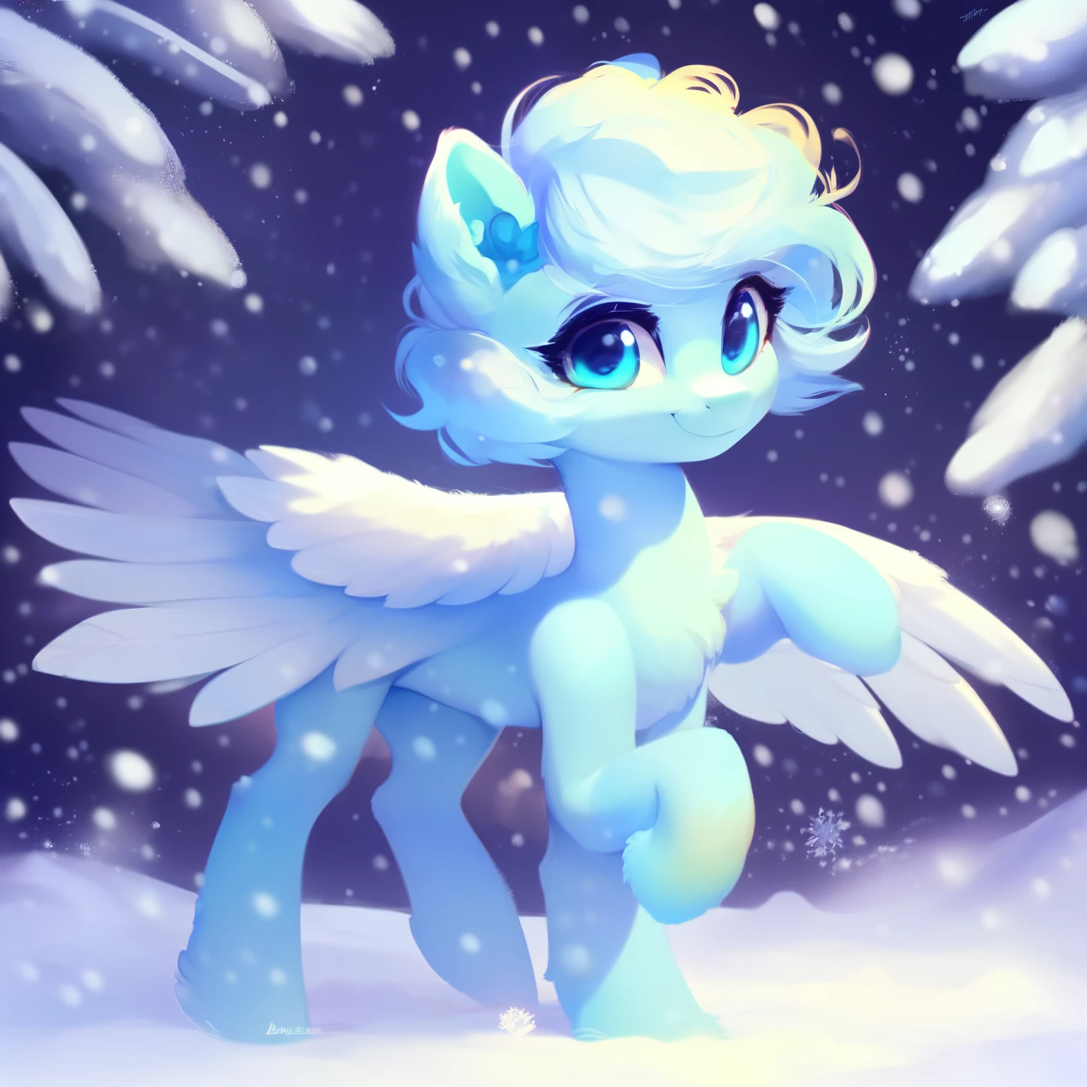rating_safe, score_9, fluffy, feral pegasus pony,Bad,round cute face,very (((light blue body))), (((snow-white short mane))) 柔顺Fine半长的鬃毛,Gentle and clear light blue eyes,Gentle smile,Fine,Delicate painting lines。whole body