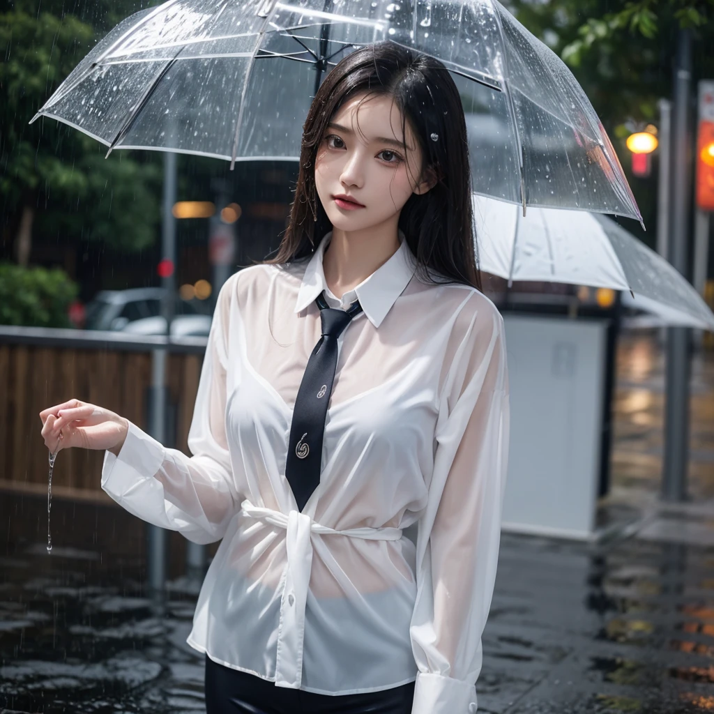 Hair getting wet in the rain、Transparent shirt、Beautiful woman getting wet in the rain、typhoon、Get wet without an umbrella、Beautiful woman in the rain、雨で濡れたBeautyOL、Detailed face、Realistic、beautiful girl、Beauty、Office Lady Uniform、beauty、Beautiful woman、Narrow waist、Handsome woman、Tight pants look、suit、Sexy pose、タイトなsuitパンツ、雨で濡れたsuit、Wet shirt、See-through shirt、Shot in heavy rain、See-through underwear