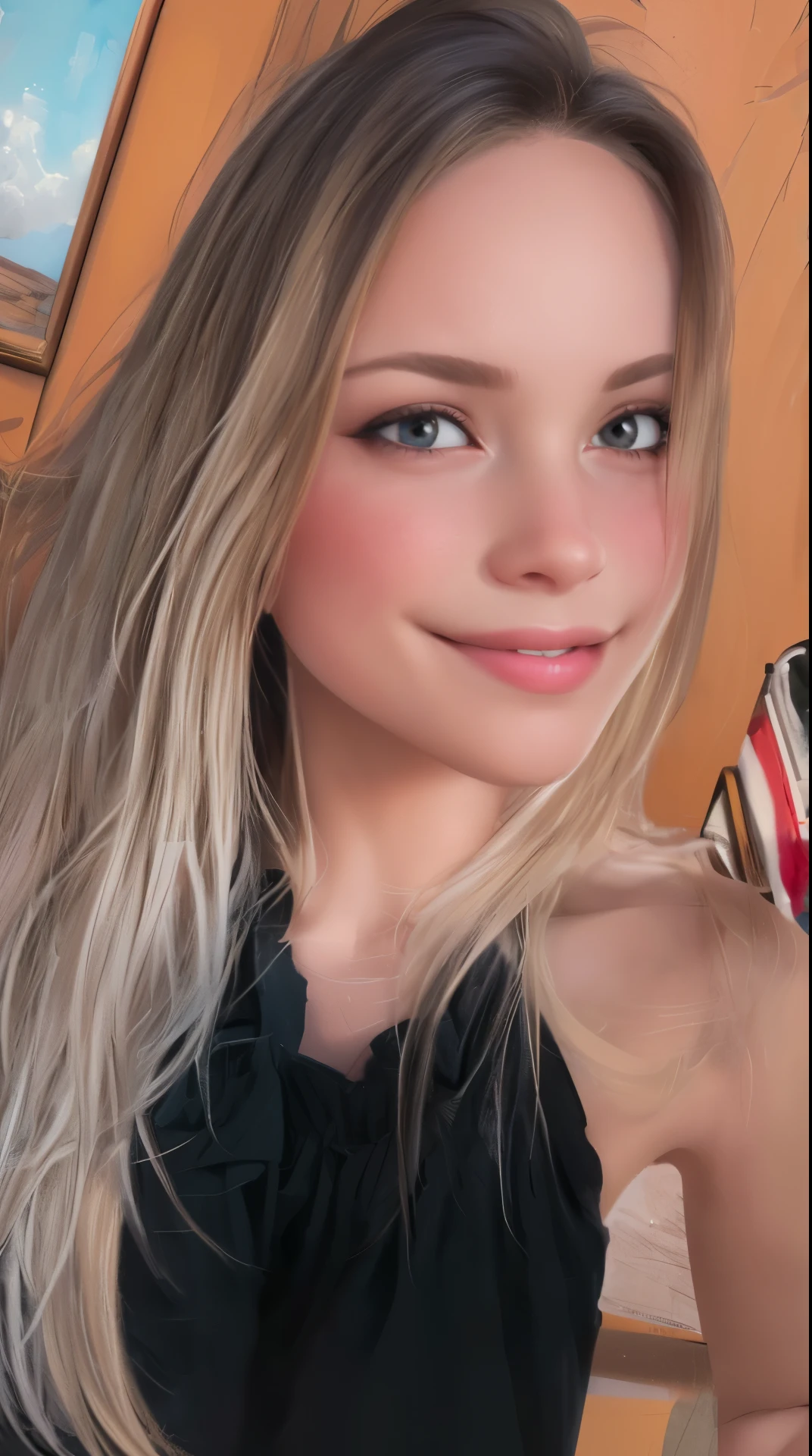 k4l3ycu0c0, head tilt, upper body, blonde hair, spread arms,
(best quality, masterpiece, RAW photo,ultra-detailed:1.2), 1girl,solo,looking at viewer,smile