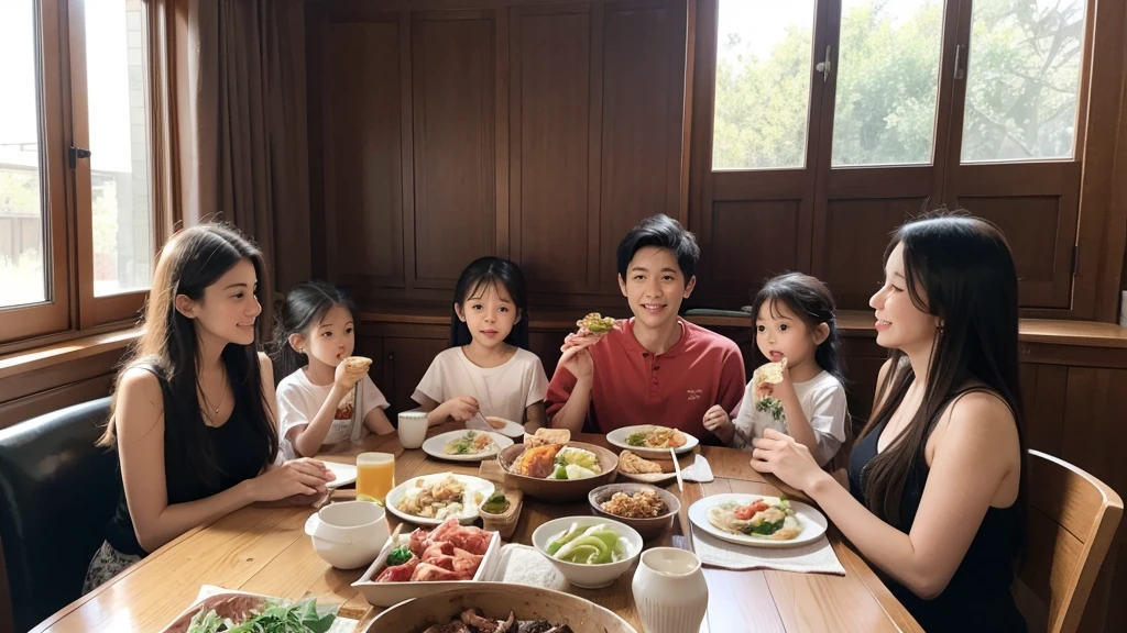 The whole family sits around the table and eats a delicious meal