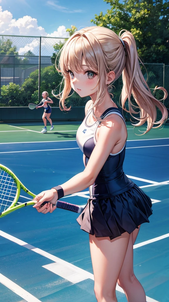 a girl in a swimsuit plays tennis on the water