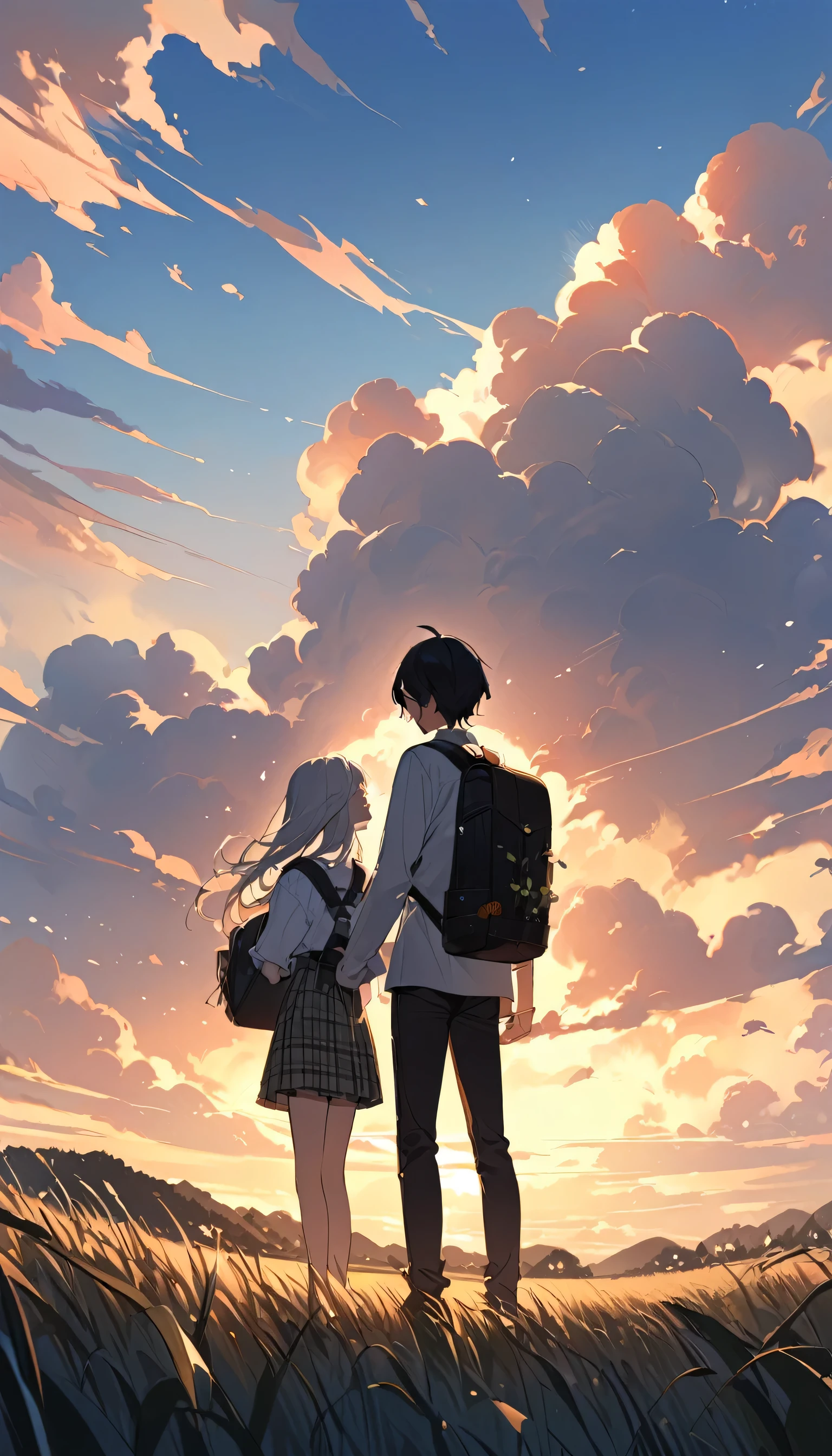 Under the blue sky and white clouds、Two young people in silhouette standing side by side。They are illuminated by the soft light of the evening、The clouds in the background create a pleasant scene.。The sky is clear、A few clouds floated、A band of white clouds can be seen on the horizon。They both wear uniforms.、Boys in shirts and pants、The girl is wearing a blouse and a plaid skirt。The girl is carrying a backpack on her back。There is low grass and some small plants on the ground.。Paintings inspired by Makoto Shinkai, Beautiful anime scenery、Ultra-realistic, Anime movie background, Pixiv Topics、Her hair is fluttering in the wind、The view is the main focus、The sky is clear blue、Place々White clouds are floating in the sky。
The soft evening light casts the two of them in silhouette.。
The boy is wearing a white shirt and black pants。
The girl is wearing a white blouse and a plaid skirt.、He is carrying a black backpack on his back。
The ground is dotted with low grass and small plants.。
The two of them stand side by side、Gazing into the distance