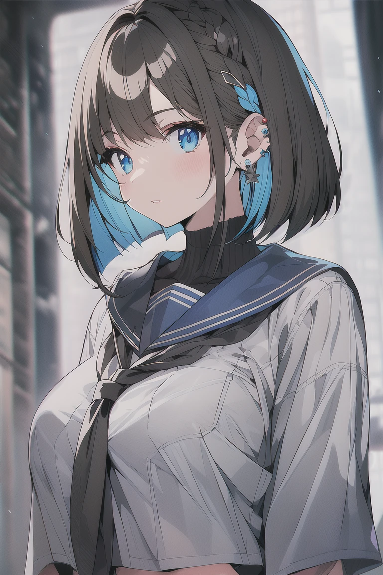 (best quality), (Super detailed), (Best Illustration), (masterpiece), score_9, score_8_up, score_7_up, (4k), (1woman), (white serafuku), (large breasts), {brown hair, (sideburns), (bob cut:1.3), curly hair, hairs between eyes, colored inner hair}, blue eyes, parted lips, expressionless, blush, earring, cyber city