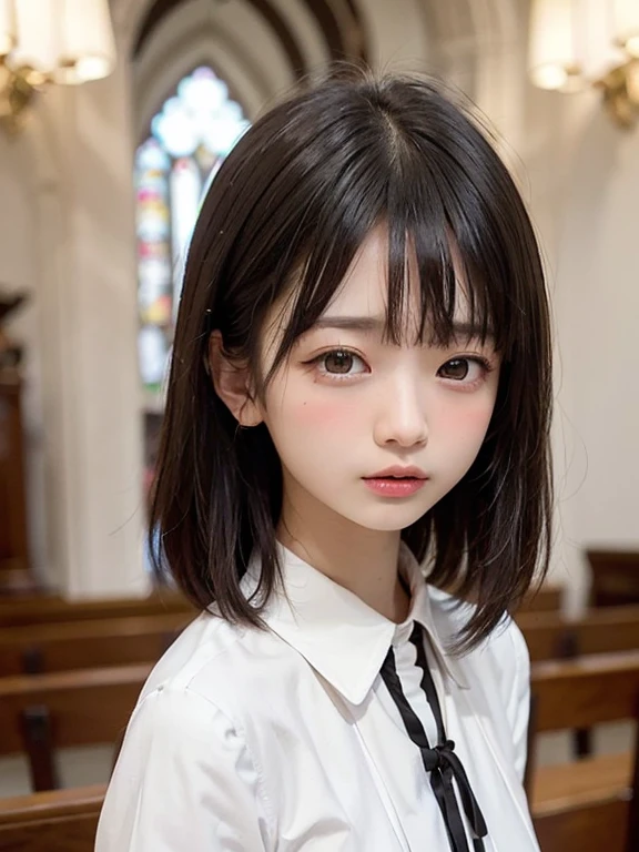 (masterpiece、Highest quality:1.4)、15k、(12 years old:1.5)、Medium Hair、Japanese、(Black Hair:1.5)、85mm、Official Art、RAW Photos、Best Beautiful Faces、Close-up、Violet、Gardenia、The best beautiful girl、very cute、indoor、Film Grain、Chromatic Aberration、Sharp Focus、A perfect body without flaws、Detailed face、(Slender body:1.2)、(Slender body:1.2)、(12 years oldの身体:1.5)、(White collar clerical blouse:1.7)、(Small breasts:1.9)、(Please open your mouth wide:1.8)、(Wrinkles between the eyebrows:1.3)、(Scared expression:1.8)、(Please close your eyes completely:1.8),(Blushing:1.8)、(Upper body shot:1.5)、Face Focus,(Let your bangs hang down:1.6)、Low contrast lighting、(Thin eyelashes:1.3)、(White hair ornament:1.5),half-closed eyes