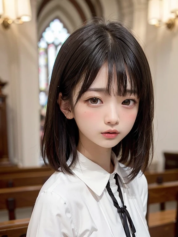 (masterpiece、Highest quality:1.4)、15k、(:1.5)、Medium Hair、Japanese、(Black Hair:1.5)、85mm、Official Art、RAW Photos、Best Beautiful Faces、Close-up、Violet、Gardenia、The best beautiful girl、very cute、indoor、Film Grain、Chromatic Aberration、Sharp Focus、A perfect body without flaws、Detailed face、(Slender body:1.2)、(Slender body:1.2)、(12 years oldite collar clerical blouse:1.7)、(Small breasts:1.9)、(Please open your mouth wide:1.8)、(Wrinkles between the eyebrows:1.3)、(Scared expression:1.8)、(Please close your eyes completely:1.8),(Blushing:1.8)、(Upper body shot:1.5)、Face Focus,(Let your bangs hang down:1.6)、Low contrast lighting、(Thin eyelashes:1.3)、(White hair ornament:1.5),half-closed eyes