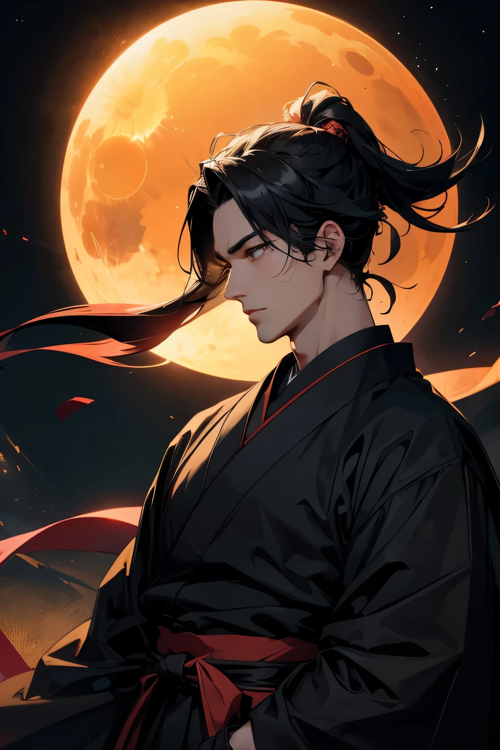Male God。Upper body close-up。He is wearing a black hakama.。Solar eclipse background。hair is black。resolution,8k、masterpiece
