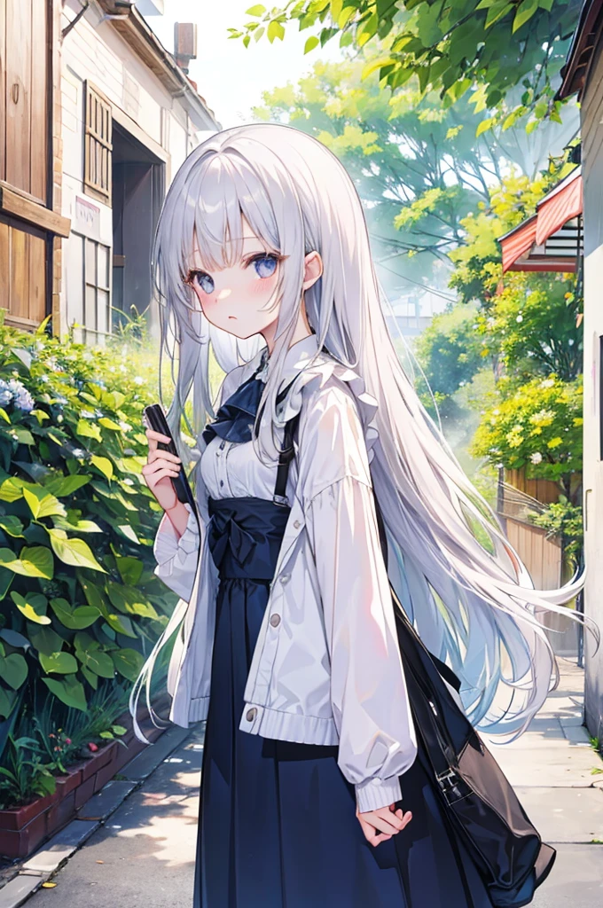 Girl、Long silver hair、Summer clothes、Embarrassed