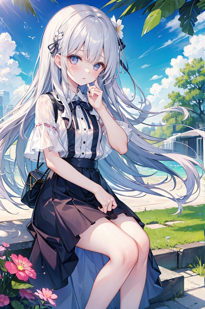 Girl、Long silver hair、Summer clothes、Embarrassed