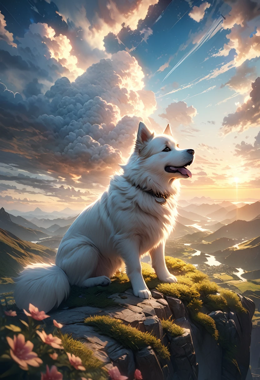 (Beautiful detailed sky with clouds:1.5)、Dog floating in the sky:1.3、(詳細でRealな空:1.4)、Fluffy Clouds、Serene atmosphere、Peaceful setting、(Highest quality、8k、High resolution、masterpiece:1.2)、Super detailed、(Real、Photorealistic、Photorealistic:1.37)、landscape、Bright colors、Dramatic lighting、Cinematic composition、Ethereal、Whimsical、dream-like