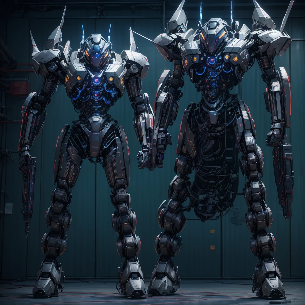 masterpiece, best quality, ultra-detailed), Liberty Guardian-X1 mecha, 9 meters tall, 28 tons, hybrid propulsion system (electric and plasma-based), high-strength titanium alloys and nanocomposite armor, break robust and imposing form, with elegant, aerodynamic curves and angular armor plating, patriotic paint job in red, white, and blue with a glossy finish and fluorescent highlights, break dual plasma cannons mounted on forearms, shoulder-mounted missile launchers with smart targeting and variable munitions, retractable energy katana integrated into the right arm, break dual compact fusion reactors powering both propulsion and weapon systems, adaptive energy shields responding to threats, advanced sensor arrays including radar, infrared, LIDAR, and EM sensors, break Liberty AI System V2.5 for tactical support and autonomous operations, ergonomic pilot seat with full-motion support and damping systems, break holographic HUDs and tactile controls, neural interfaces for direct control and feedback, multiple safety systems including emergency ejection and self-sealing armor capsule, break highly articulated joints with hydraulic reinforcement systems, multiple maneuvering thrusters for quick direction changes and high agility, high ground mobility with adaptive foot structures and retractable wheels, break imposing and powerful, futuristic military design, cinematic lighting, industrial setting, cutting-edge technology, intricate details