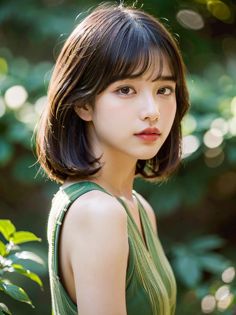 A beautiful, meticulously groomed straight bob hairstyle, plein air, solo, best quality, super high resolution, (beautiful poop:1.3) ((cute:1.3)), ((16 years old)) camisole, swirling, natural lip color, (on top of that) clean, pure, slightly parted lips, indoor, rim light from behind