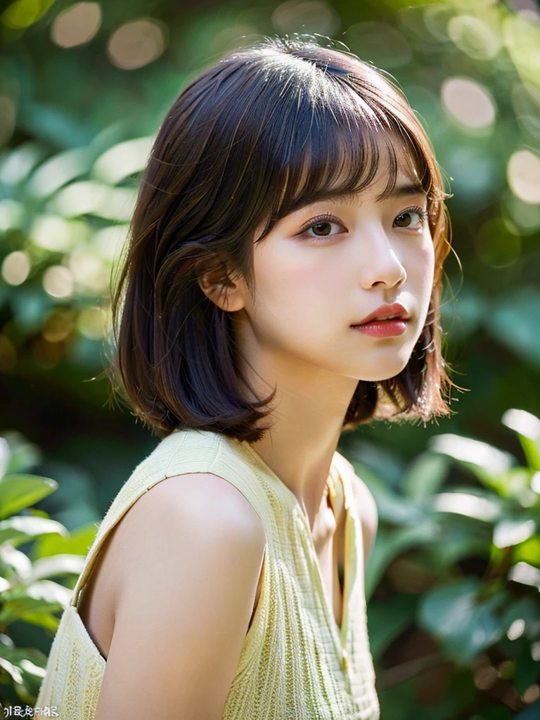 A beautiful, meticulously groomed straight bob hairstyle, plein air, solo, best quality, super high resolution, (beautiful poop:1.3) ((cute:1.3)), ((16 years old)) camisole, swirling, natural lip color, (on top of that) clean, pure, slightly parted lips, indoor, rim light from behind