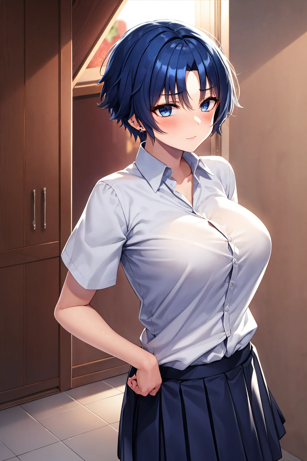 tomboy,blue-hair,short-hair,big-breast,school-uniform,tomboy,short-hair,18years-old,gang,earring
