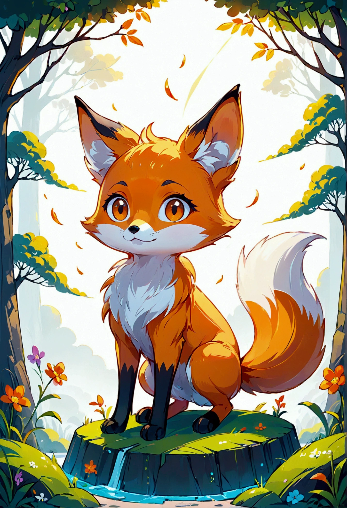 cute cartoon fox and rabbit,2d illustration, colorful, design, aesthetic, white background, outline.