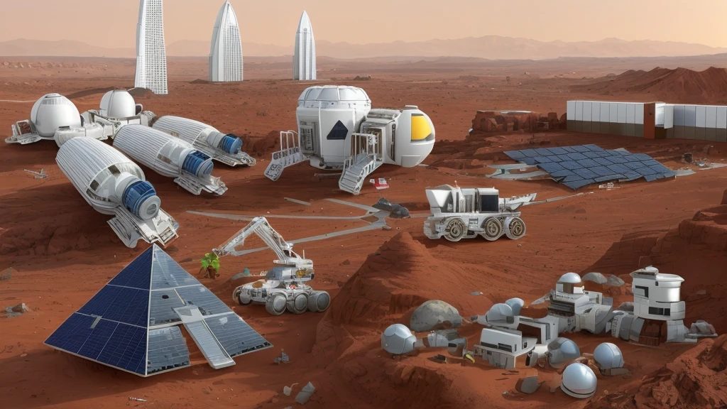 Mars base construction，There are high-rise buildings and ultra-modern houses，There are neatly arranged solar panels harnessing solar energy，There are huge 3D printers printing bricks in the form of red Lego bricks，There are transporters transporting bricks，Realistic，Don't use bells and whistles，The exterior of the house is close to the color of the soil，The proportion of changes in the original picture is small，4K