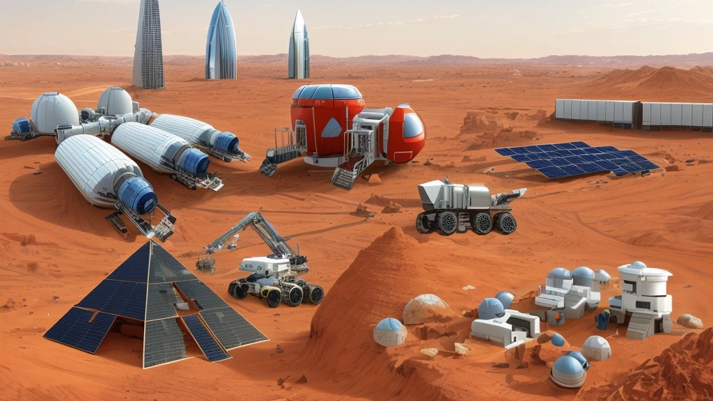 Mars base construction,There are high-rise buildings and ultra-modern houses,There are neatly arranged solar panels harnessing solar energy,There are huge 3D printers printing bricks in the form of red Lego bricks,There are transporters transporting bricks,Realistic,Don't use bells and whistles,The exterior of the house is close to the color of the soil,The proportion of changes in the original picture is small,4K