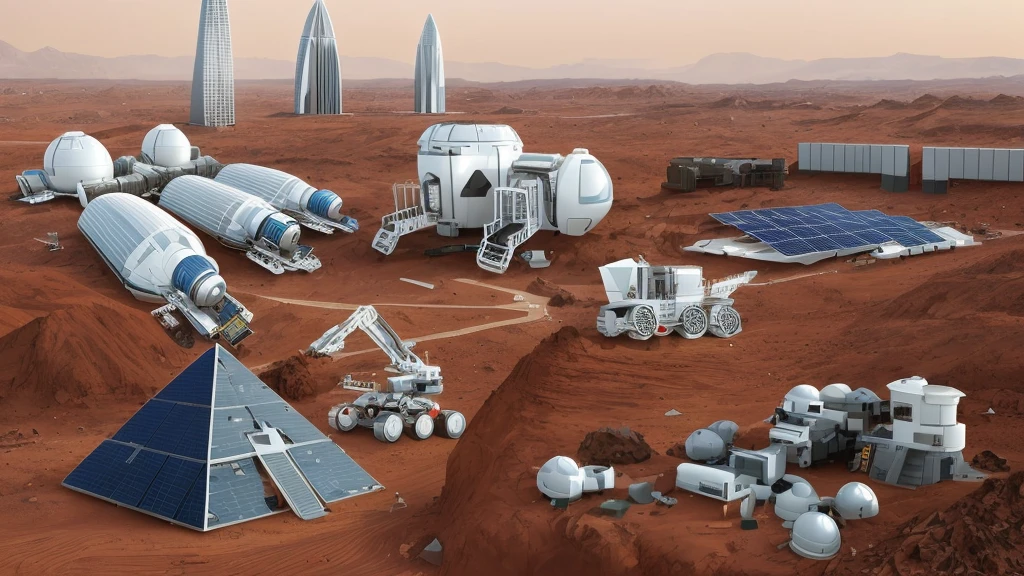 Mars base construction，There are high-rise buildings and ultra-modern houses，There are neatly arranged solar panels harnessing solar energy，There are huge 3D printers printing bricks in the form of red Lego bricks，There are transporters transporting bricks，Realistic，Don't use bells and whistles，The exterior of the house is close to the color of the soil，The proportion of changes in the original picture is small，4K