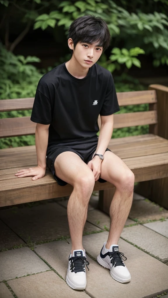 (super sharp focus), (Hairy legs), (((full body))), Japanese man, twenty years old, very short hair, Black Hair, sitting, Wearing shorts